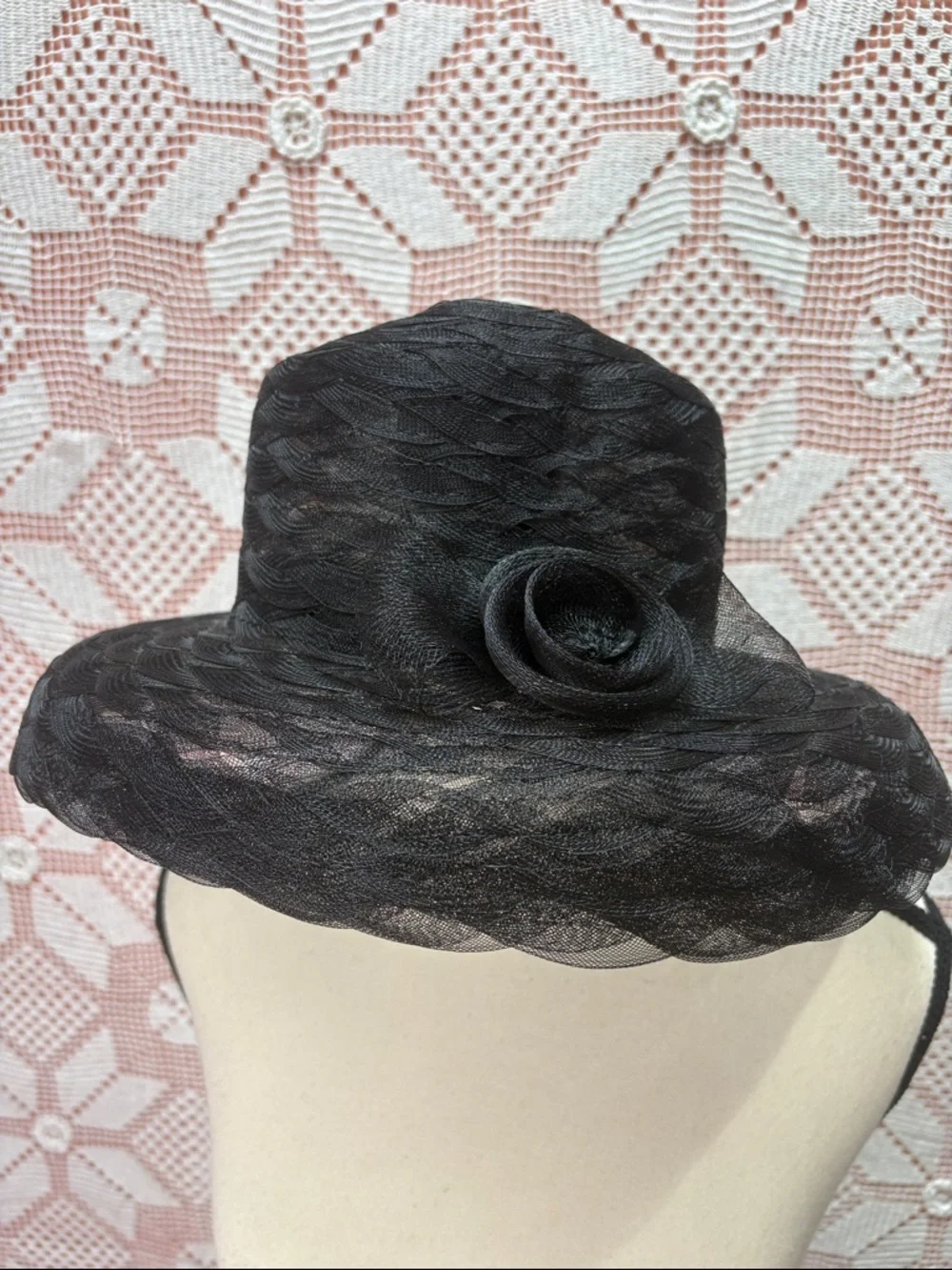 Black Sinamay Wide Brim Hat | Rosette Detail | Occasion - Picture 7 of 8